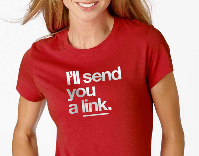 Photo of woman wearing send me a link t-shirt
