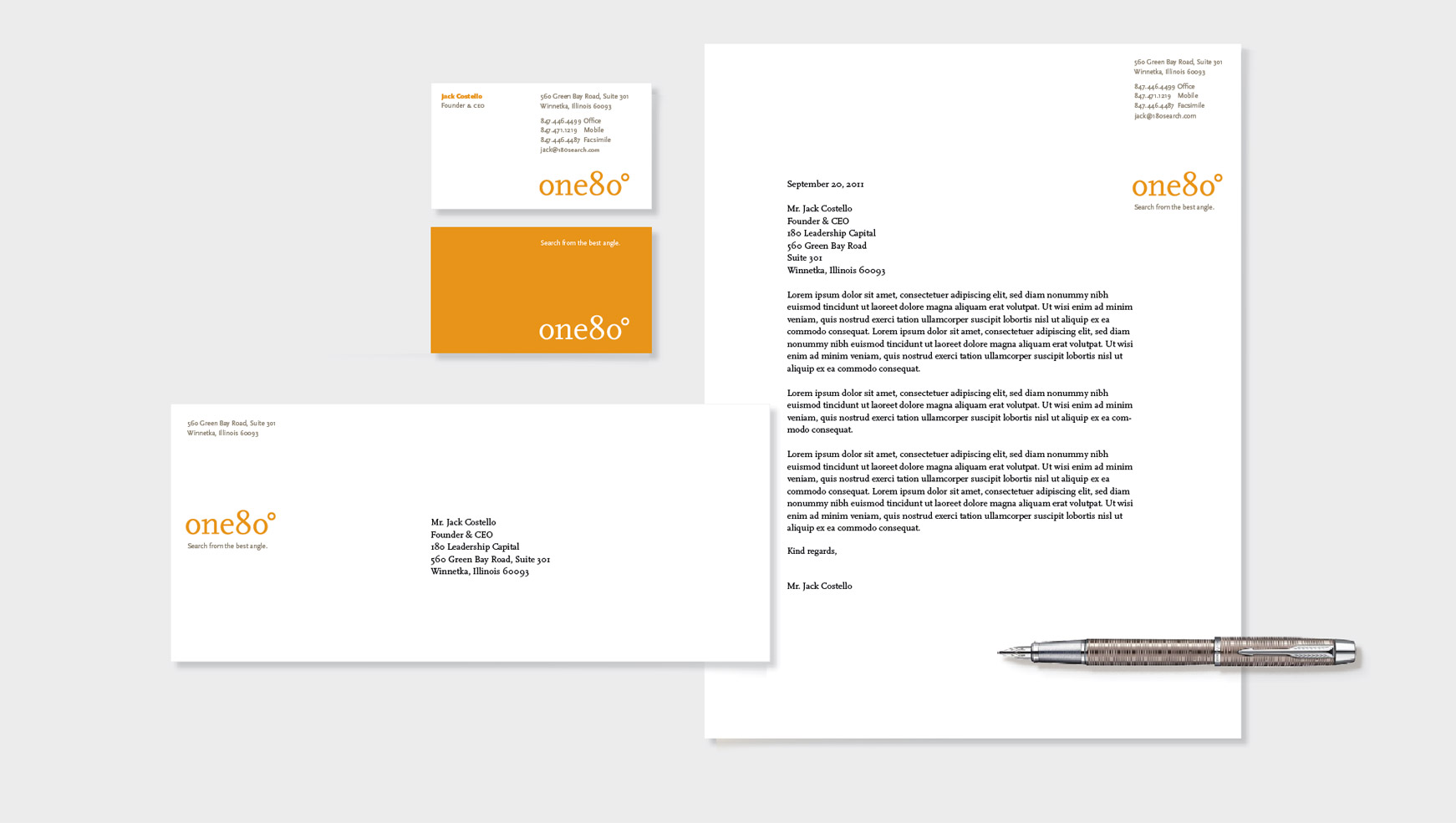 one80 letterhead, envelope, and business card.